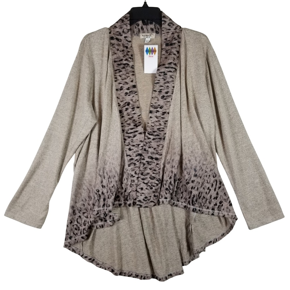 One World Cardigan Women XL Tan Leopard Print High Low‎ Open Front Knit Wrap